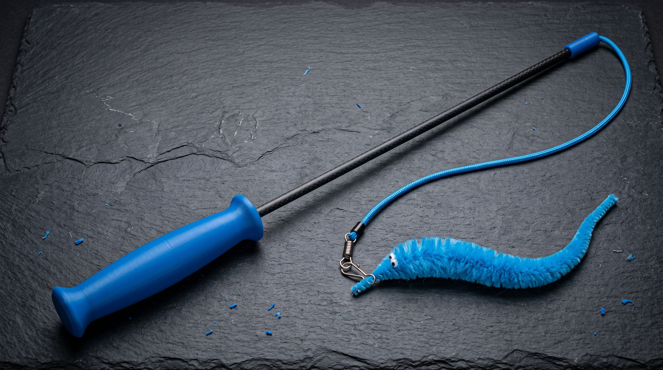 Layer Ridge Creations cat wand with green 3D printed handle, carbon fiber rod, and fuzzy worm toy on linen surface